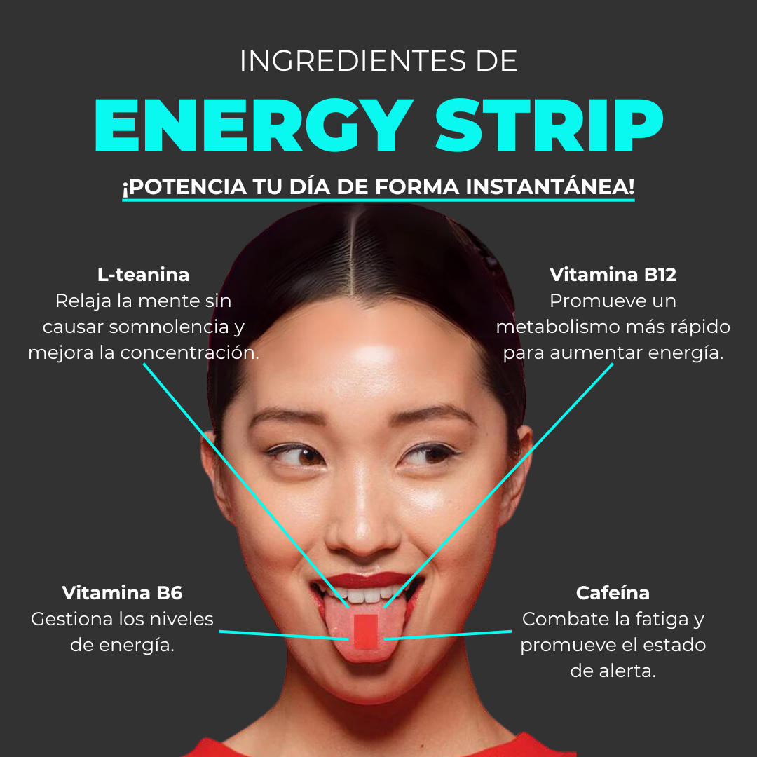 Beneficios de las tiras bucales para dormir sabor menta: la l-teanina relaja la mente sin causar somnolencia y mejora la concentración, la vitamina B6 gestiona los niveles de energía, la vitamina B12 promueve un metabolismo mas rapido para aumentar energía y la cafeína combate la fatiga y promueve el estado de alerta.